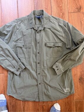 Vintage Structure Olive Green Military-Style Button-Up Shirt Jacket / men large